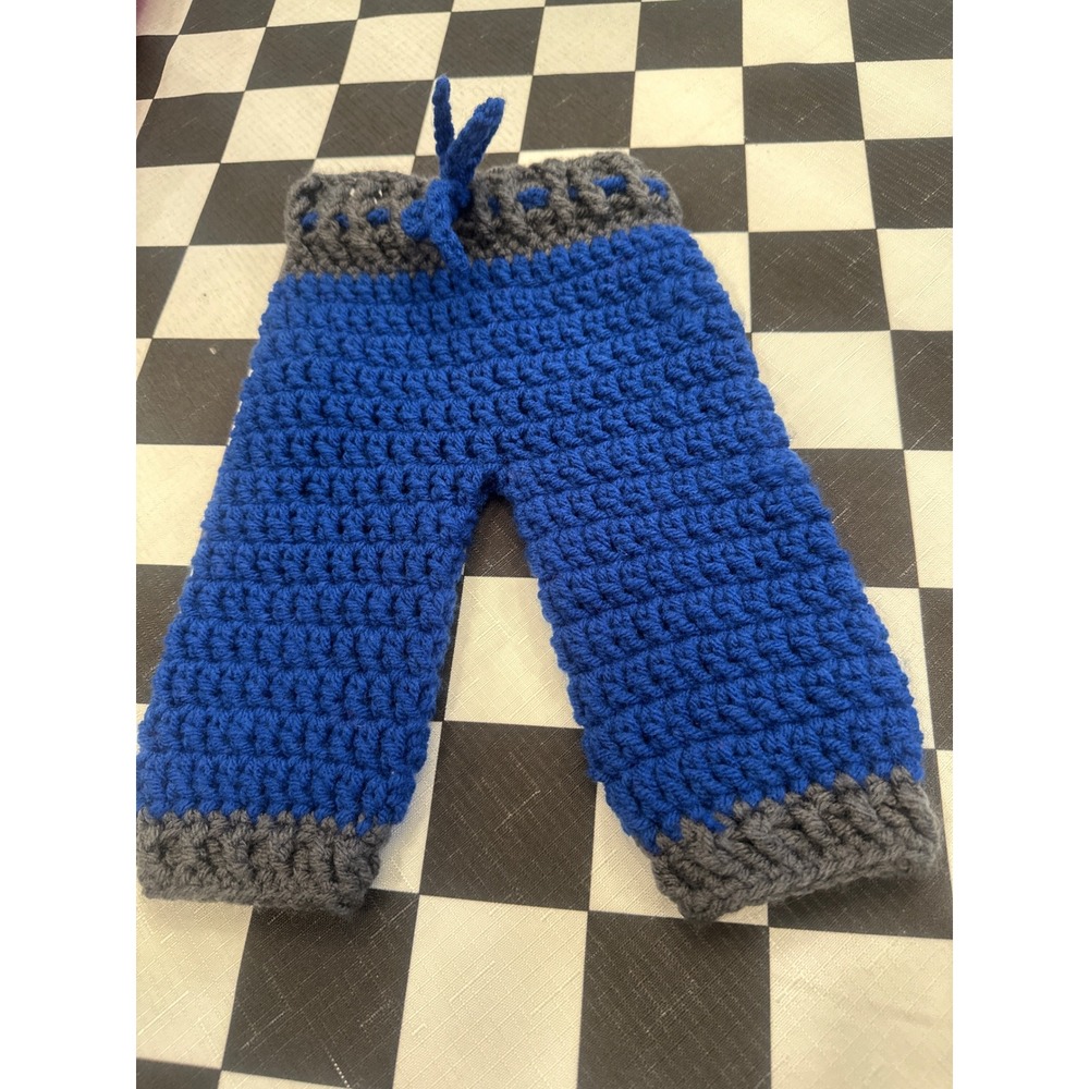 Handmade Crochet Baby Pants Blue Grey Knit Drawstring Trousers Newborn Infant